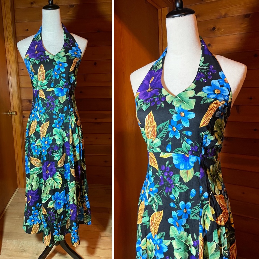 Vintage Y2K 90s Halter Neck Tropical Hawaiian Print Dress Rayon Sz Small